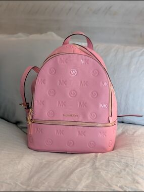 NWT Michael Kors Rhea Medium Zip Backpack in Carnation Pink Monogram